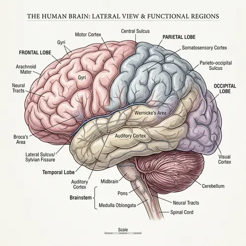 Detailed Illustration of Human Brain from Lateral View