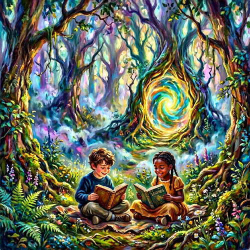 Mystical Forest Portal: Enchanting Scene with Boy and Girl