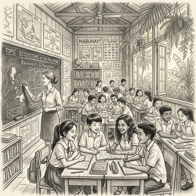 Inspiring Tropical Classroom Sketch | Engaged Students, Diverse Culture