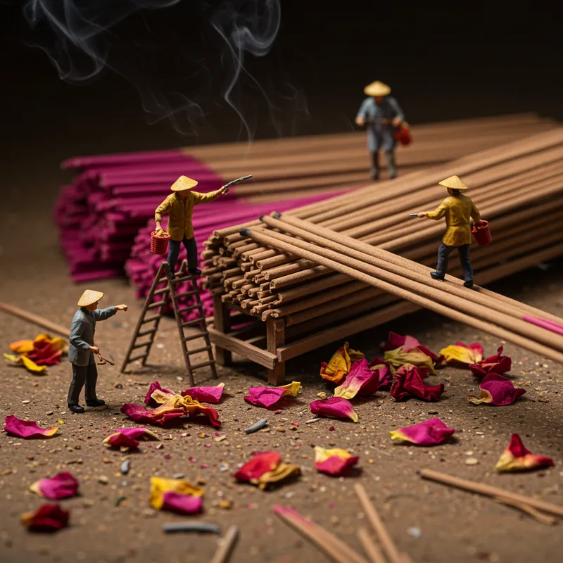 Tiny Workers Creating Fragrant Incense Sticks