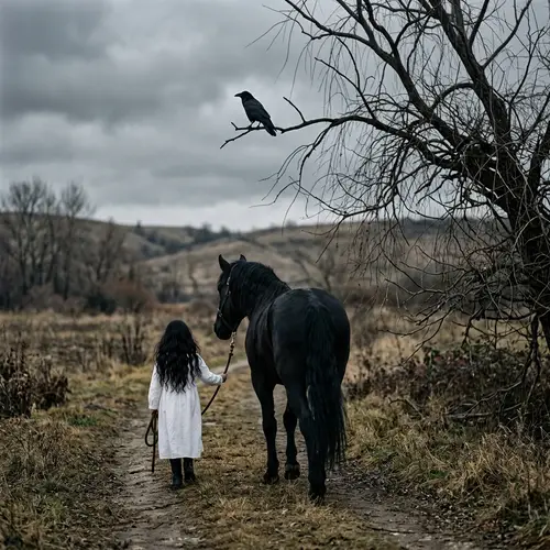 Young Hispanic Girl with Black Horse by Willow Tree