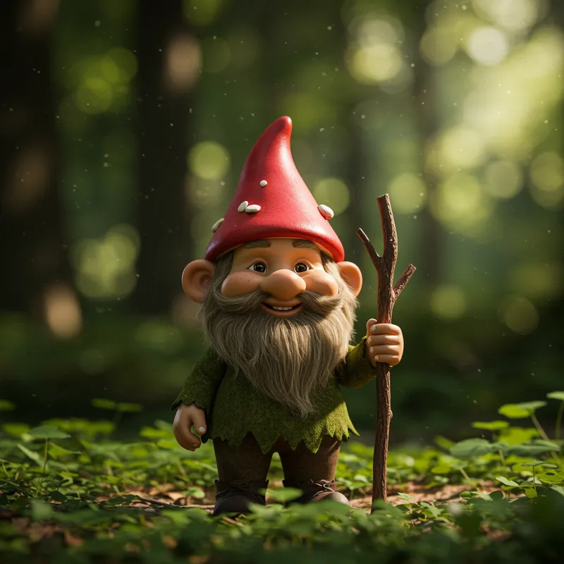Forest Gnome with Mushroom Hat and Stick
