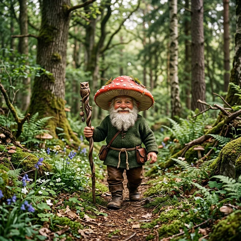 Forest Gnome with Mushroom Hat and Stick