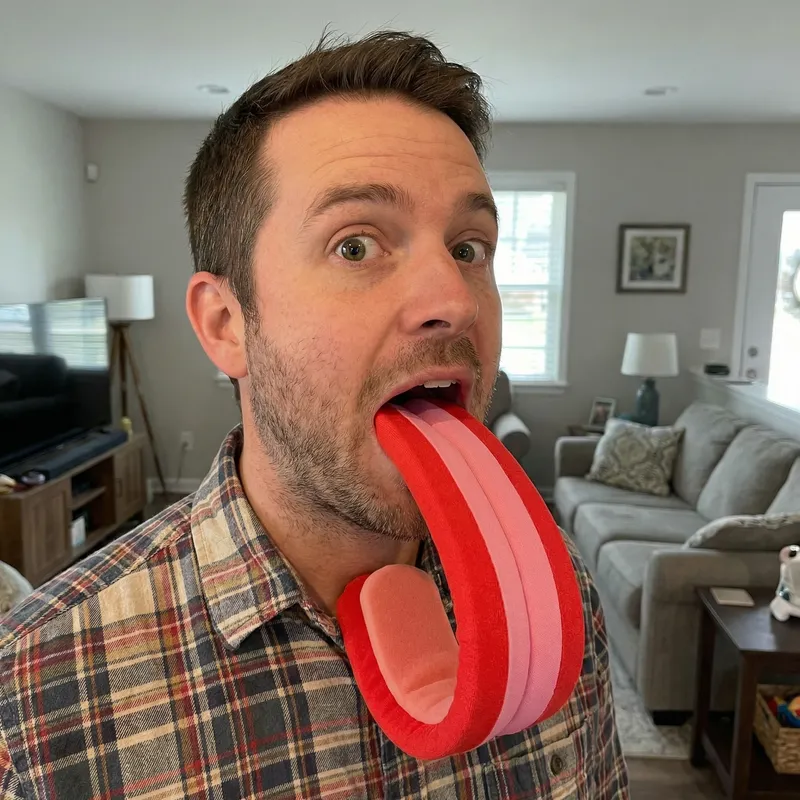 Handsome Caucasian Man with Surprised Expression and Long Tongue