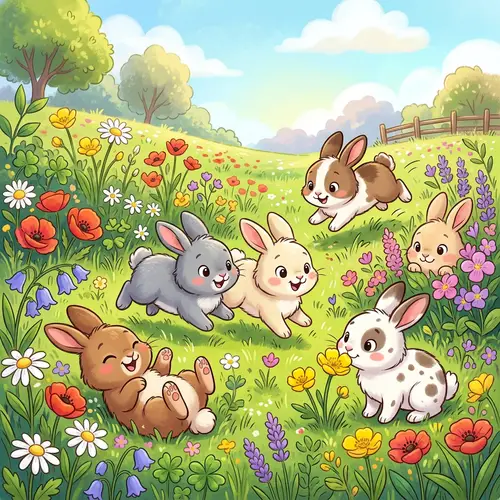 Playful Baby Rabbits in Cartoon Style | Lush Green Meadow