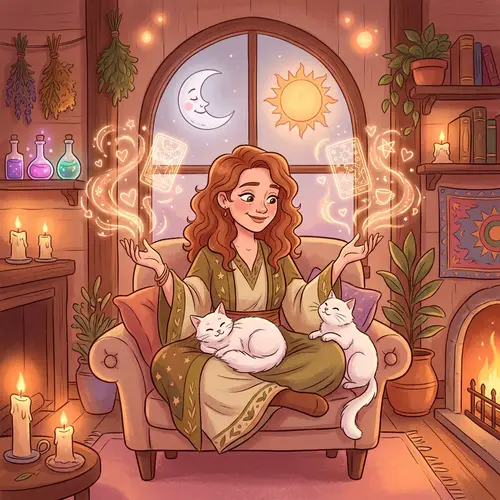 Cartoon Style White Witch with Cats: Compassion and Love