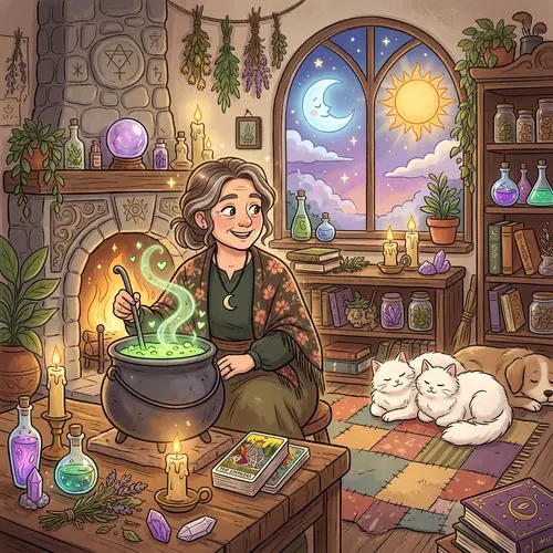 Compassionate White Witch with Tarot, Cats, and Magic