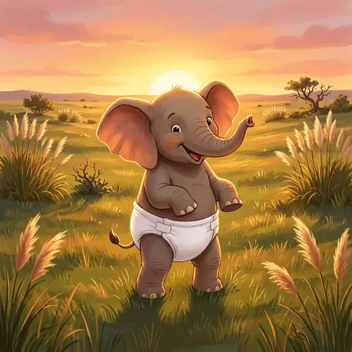Jolly Elephant in White Diaper on Grassy Pampa