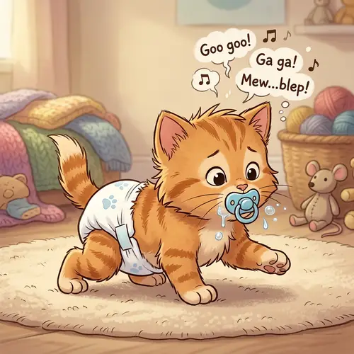 Adorable Newborn Kitten in Diapers Crawling and Drooling