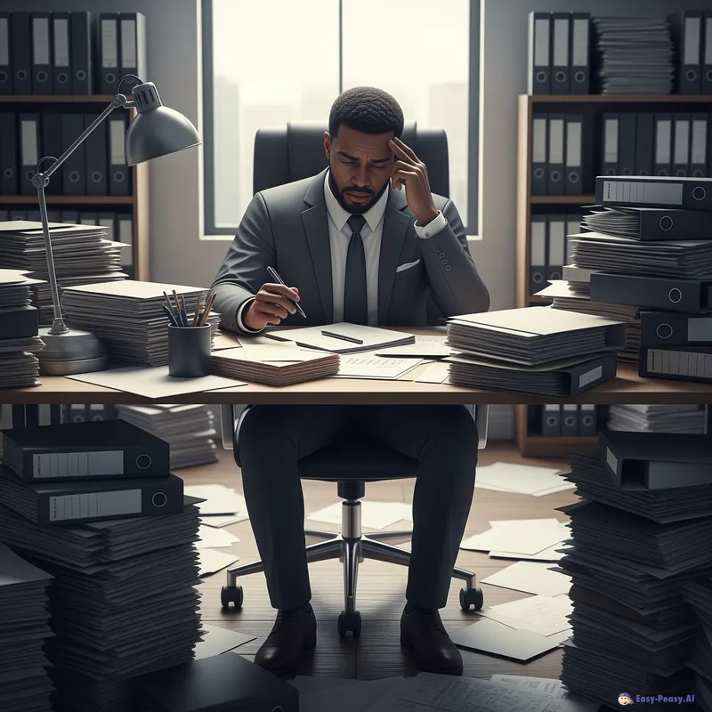 Stressed Businessman at a Cluttered Office Desk Stressed Businessman at a Cluttered Office Desk