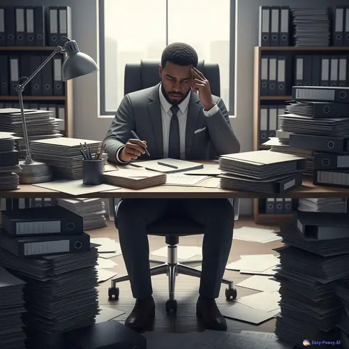 Stressed Businessman at a Cluttered Office Desk