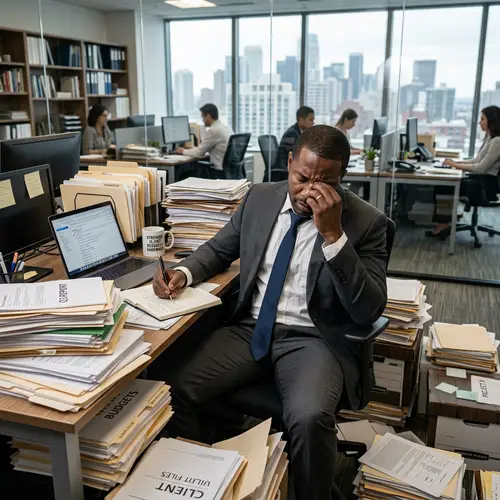 Stressed Businessman at a Cluttered Office Desk