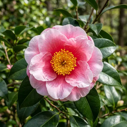 Blooming Camellia Flower: Vibrant Petals, Golden Stamens