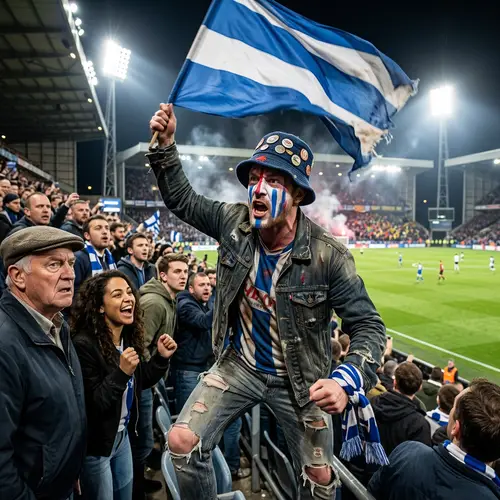 Chaos Unleashed: Hooligan's Blue & White Flag Antics at Sports Stadium
