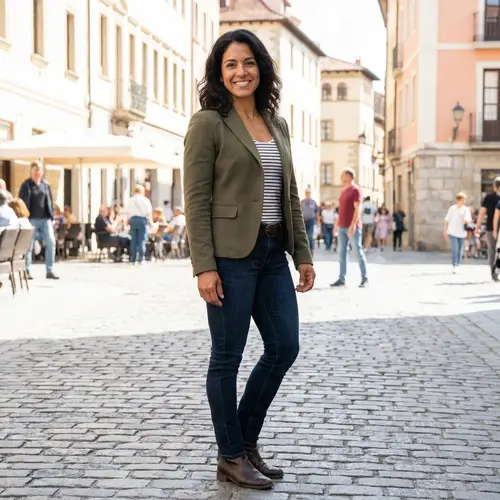 Elegant Hispanic Brunette Woman in Stylish Casual Outfit