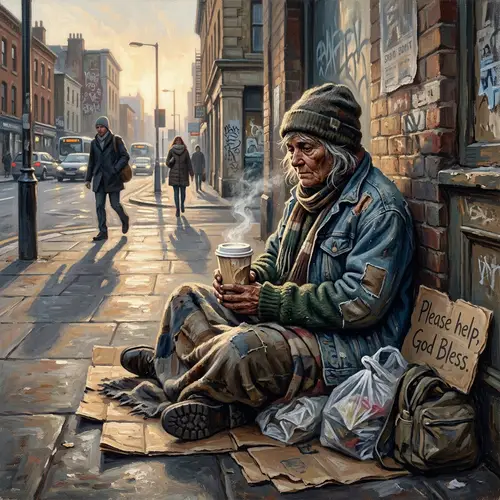 Homeless Woman in Urban Setting - Emotional Street Art