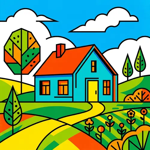 Minimalist Pastoral House in Bold Pop Art Style
