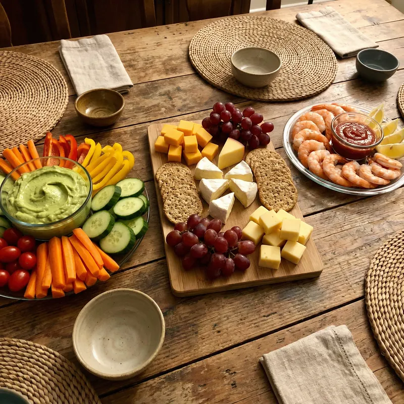 Delicious Appetizer Spread with Colorful Crudites and Cheese Cubes