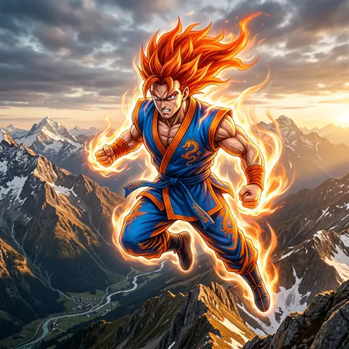 Energetic Tsui-Style Martial Artist Soaring Over Mountain Landscape