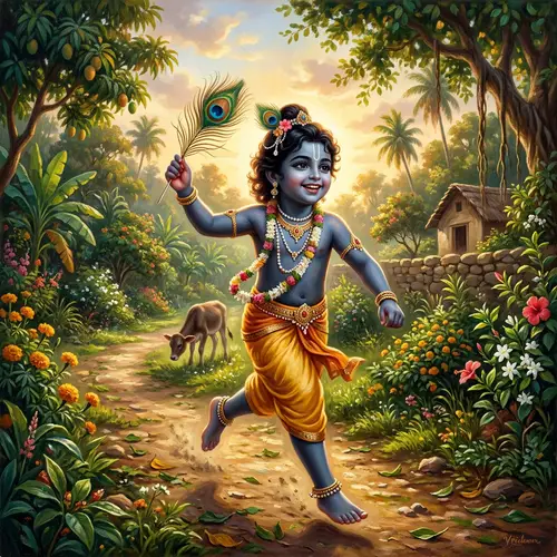 Mischievous Krishna: A Photorealistic Oil Painting