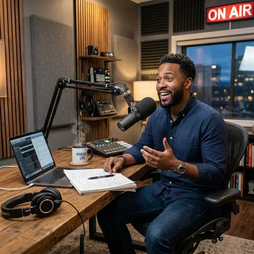 Modern Podcast Studio with Charismatic African-American Host