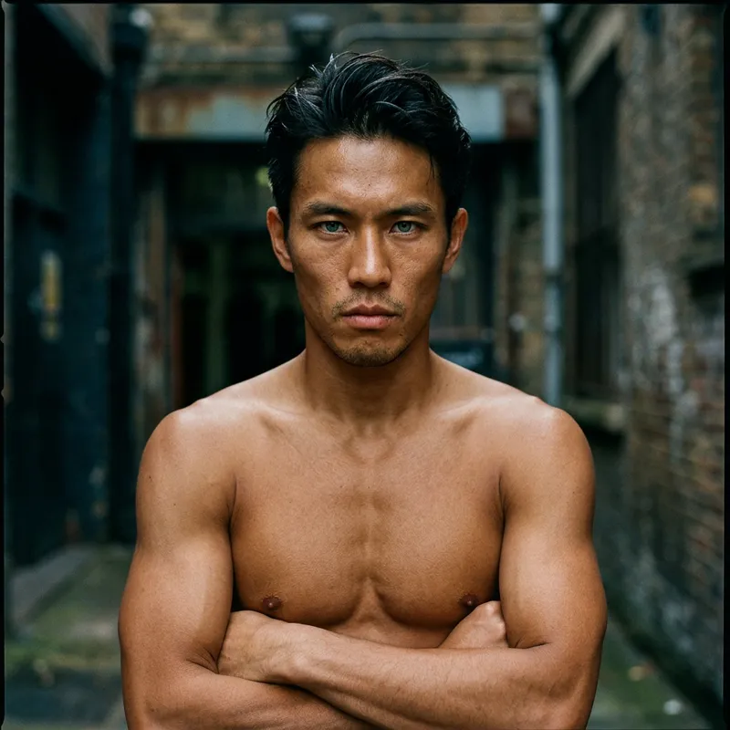 Intense Gaze: Lean Asian Man Portrait