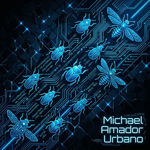 Abstract Bug and Code Designs in Black and Blue for Wallpaper