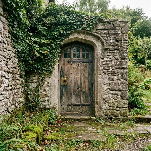 Rustic Stone Wall with Wooden Door | Antique Brass Door-Knob