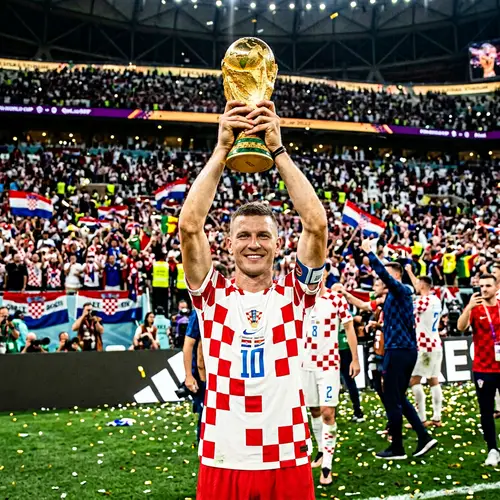 World Championship Soccer Player Celebrates Victory with Trophy