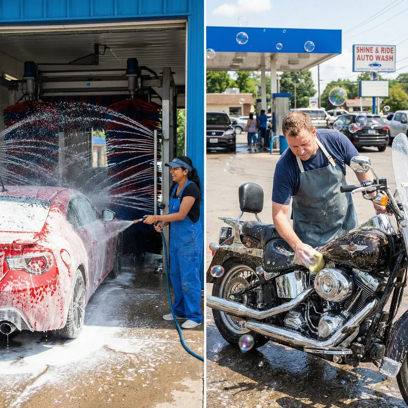 Vibrant Car & Motorcycle Wash Scene - Sparkling Vehicles under Care