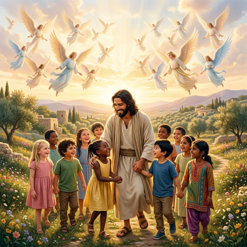 Jesus with Children and Angels in Divine Gathering Jesus with Children and Angels in Divine Gathering