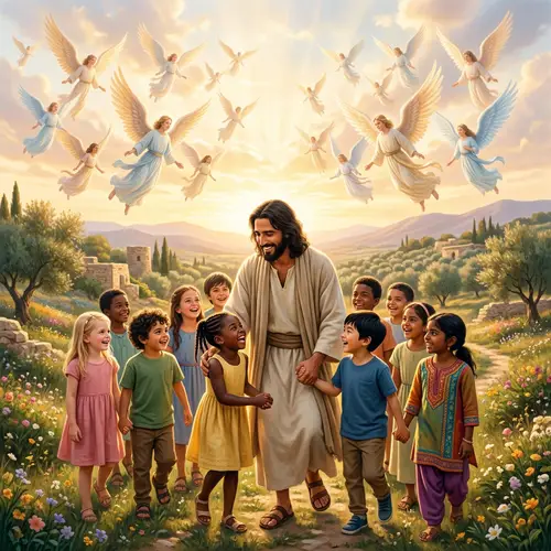 Diverse Representation: Jesus and Children in Serene Landscape
