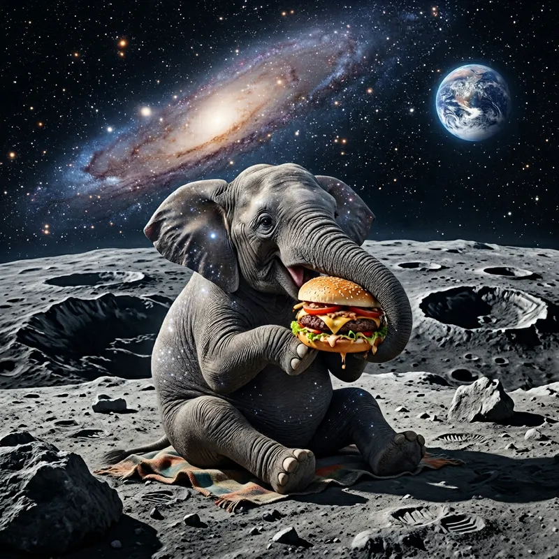 Elephant Eating Burger on Moon | Surreal Lunar Delight Elephant Eating Burger on Moon | Surreal Lunar Delight