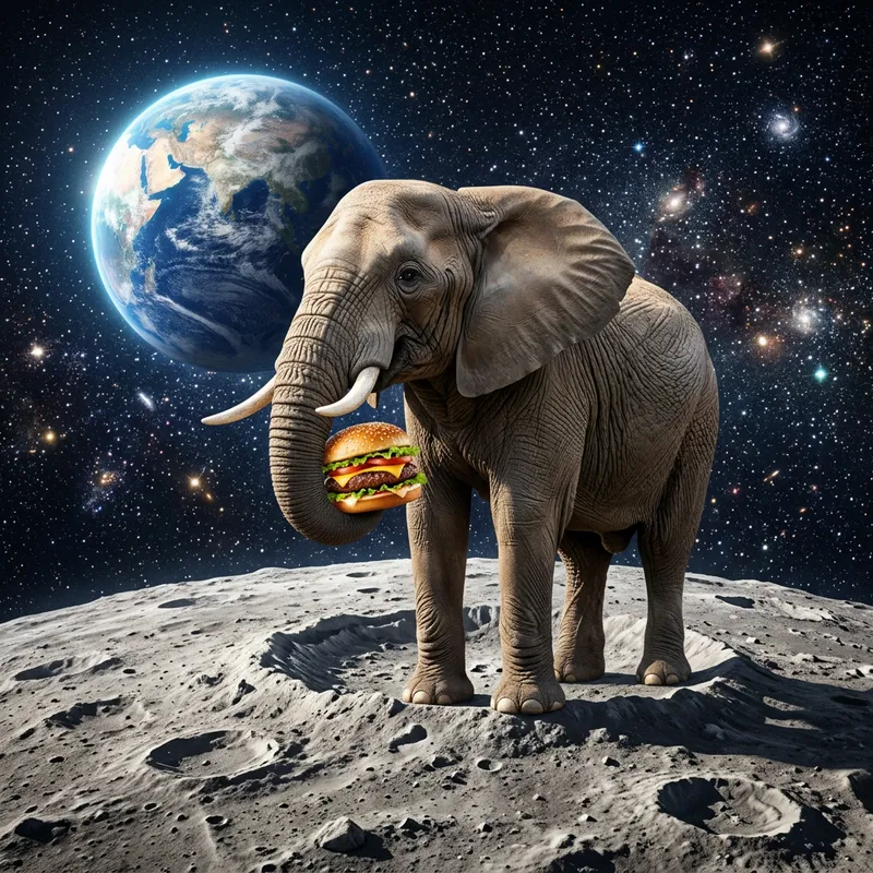 Elephant Eating Burger on Moon