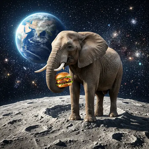 Delightful Elephant Balancing on Moon with Burger on Trunk