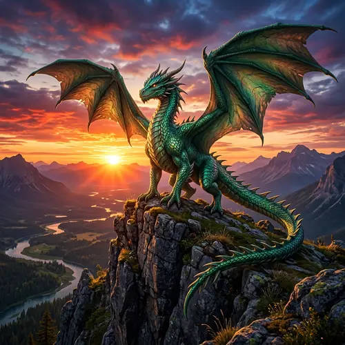 Majestic Dragon on Rocky Cliff at Sunset