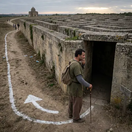 Man Facing Labyrinth Challenge with Resilience - Explore the Symbolic Journey