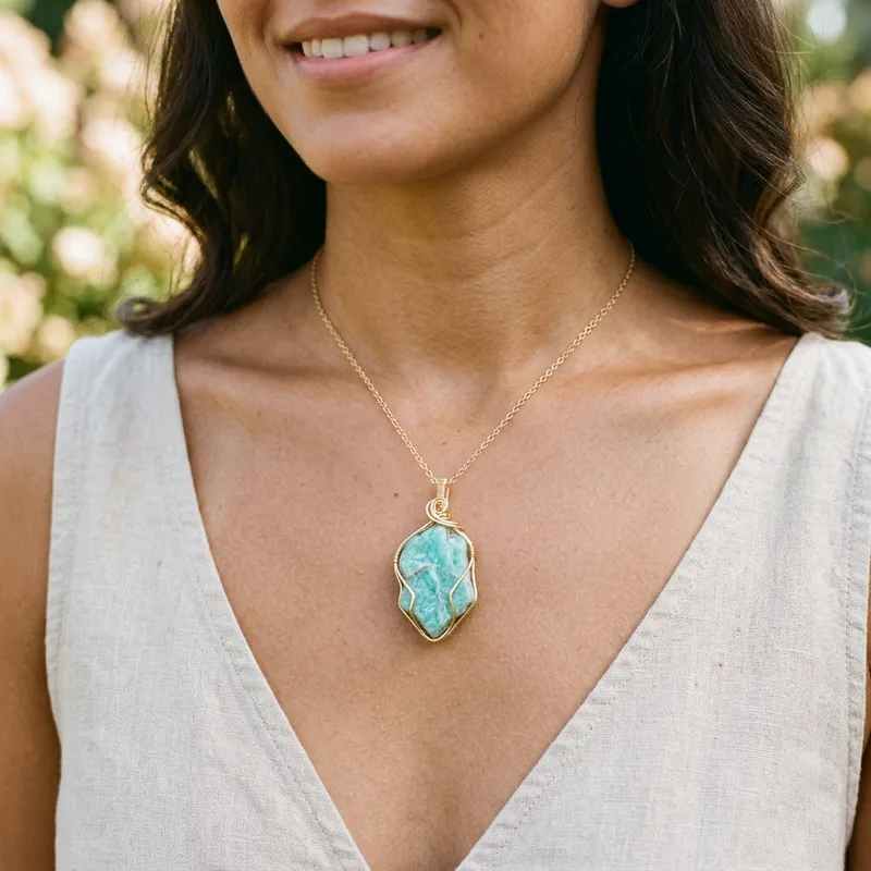 Gold Plated Amazonite Crystal Wire Wrap Necklace - Handcrafted Jewelry