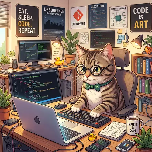 Cool Cat Programmer at Laptop in High-Tech Office