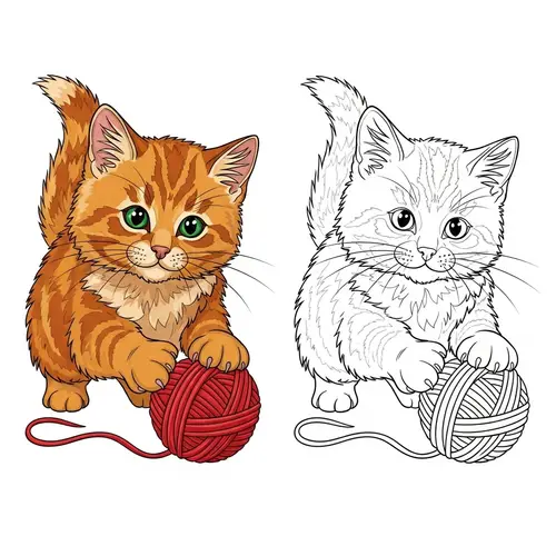 Curious Kitten Illustration: Color & Outline