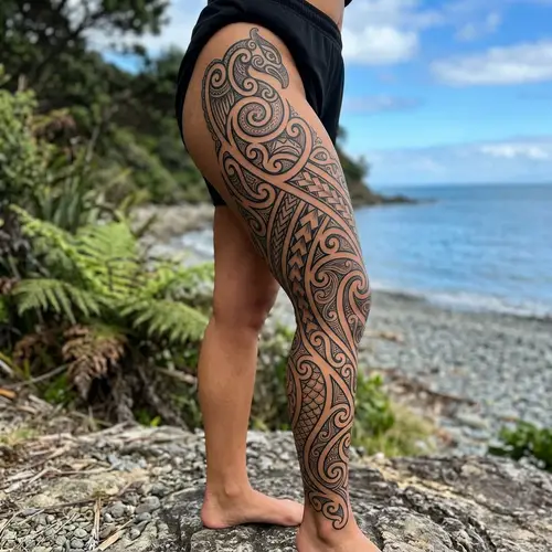 Unique Maori Tattoo Design for Leg with Deep Meanings
