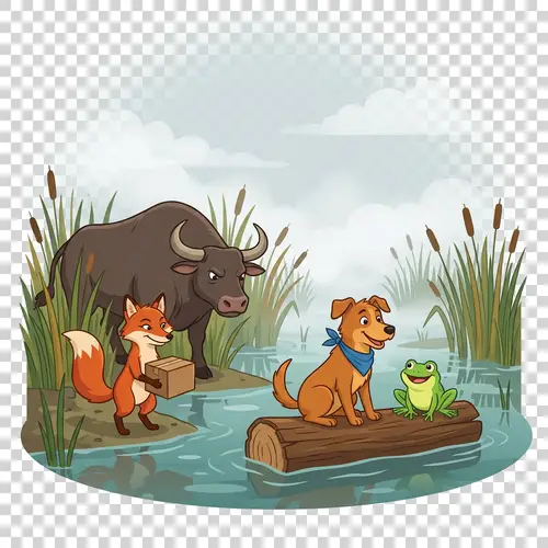 Misty Marshland Wildlife: Dog, Frog, Fox, and Ox on Wooden Log