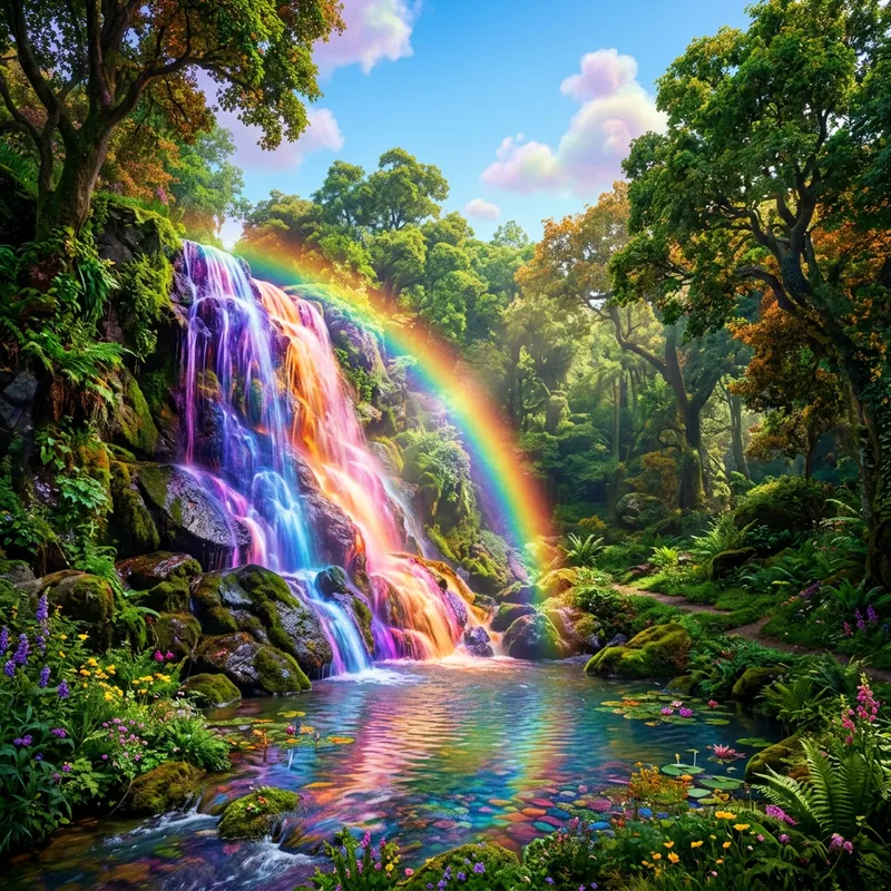 Ethereal Imaginary Waterfall: Vibrant Colors & Moss-Covered Rocks