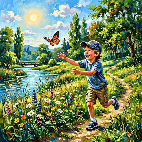 Young Boy Playing in Lush Green Park - Enthusiastic Adventure