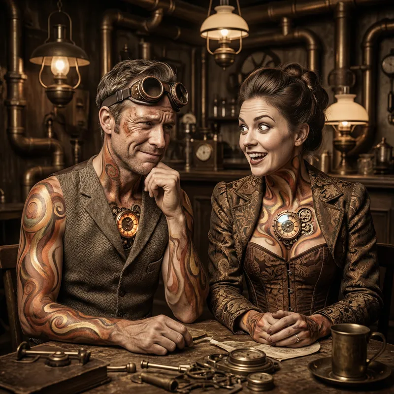 Surreal Steampunk Café Scene: Clockwork Characters in Vintage Lens Capture