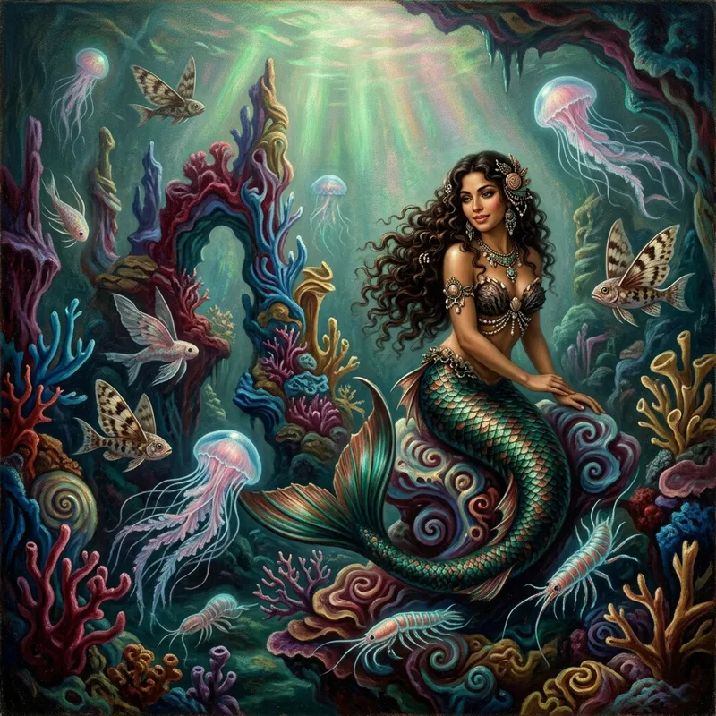 Surreal Underwater Mermaid Art with Vibrant Coral Reefs