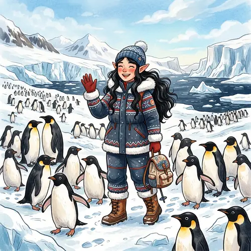 Charming White-Skinned Elf in Snowsuit & Penguins | Antarctica