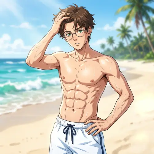 Anime Teen with Green Eyes and Eight-Pack Abs