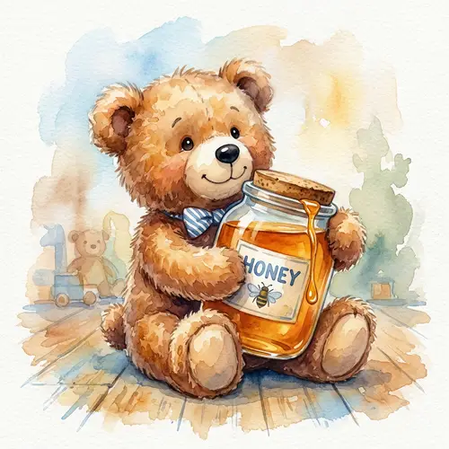 Cute Watercolor Stuffed Bear with Honey Jar