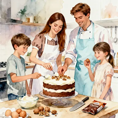 Joyful Family Kitchen Scene in Watercolor